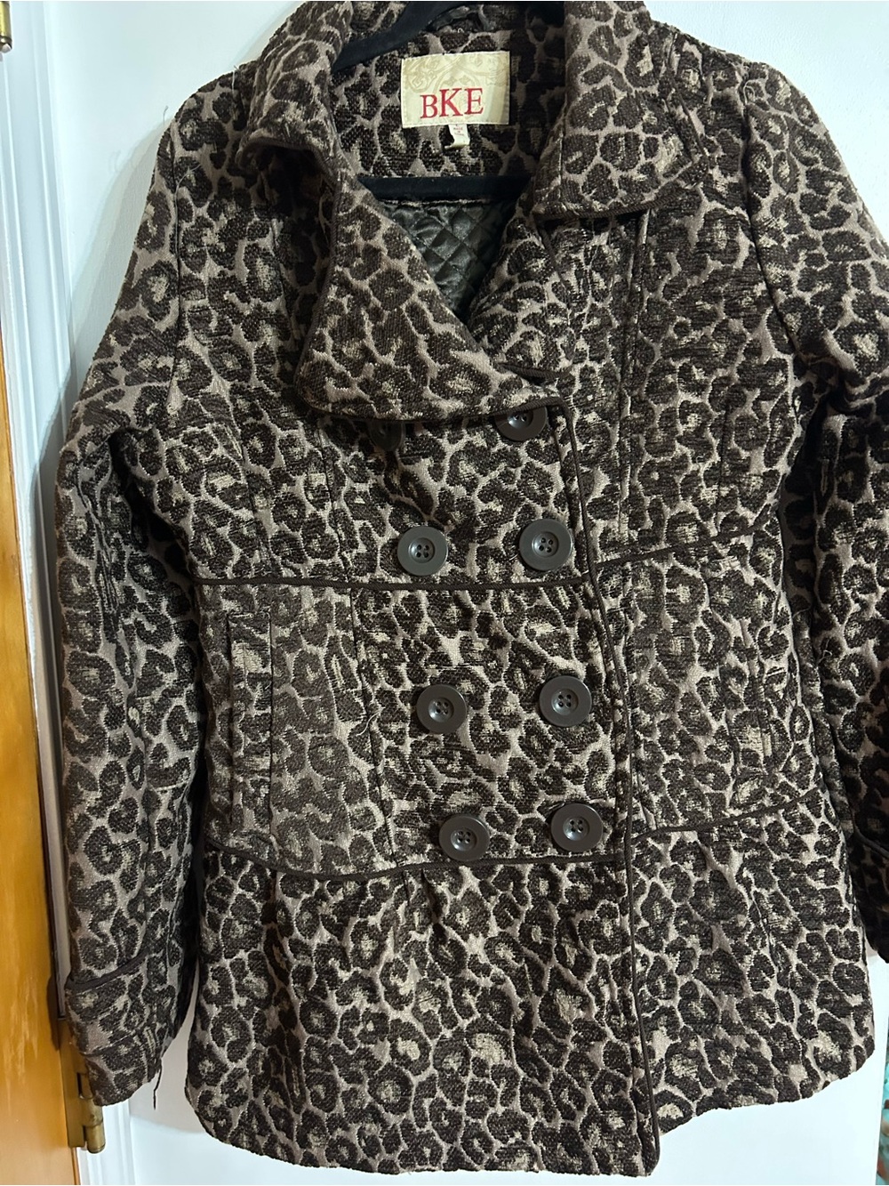 BKE Leopard Print Double-Breasted Pea Coat in Brown & Tan